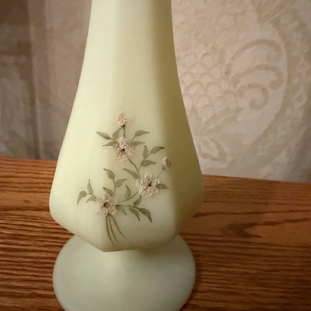 Vintage Fenton custard uranium pink flowers vase 11.5” Hand painted signed